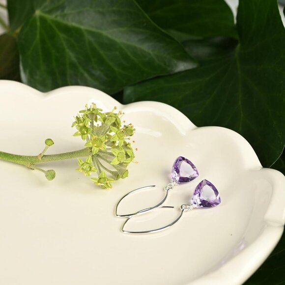 Women's Purple Amethyst Trillion Quartz Sterling Silver Dangle Earrings - Picture 4 of 9
